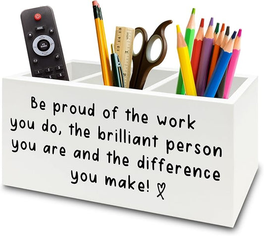 Inspirational Office Pen Pencil Holder Organizer for Desk, Thank You Appreciation Gifts for Women Men, Inspirational Gifts Wooden Box Sign for Home Office Desk Tabletop Decorations