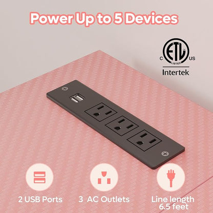 Bestier 52" Gaming Desk with Integrated Power Outlet & USB Ports, L-Shaped Computer Desk with LED Strip & Headphone Hooks, Perfect for Home Office Pink