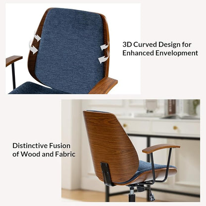 Modern Ergonomic Office Chair with Wood Frame & Metal Base, Swivel Home Office Desk Chairs with Adjustable Height, Comfy Upholstered Computer Chair, Navy
