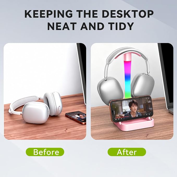Headphone Stand with Charger,Gaming Headset stand with RGB Light Mode,For Airpod Max Stand,Desk Lamp,Phone Holder,Tablet Holder,desktop organizer,Gifts for Gamers & Music Lover (Pink)