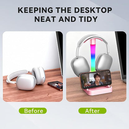 Headphone Stand with Charger,Gaming Headset stand with RGB Light Mode,For Airpod Max Stand,Desk Lamp,Phone Holder,Tablet Holder,desktop organizer,Gifts for Gamers & Music Lover (Pink)