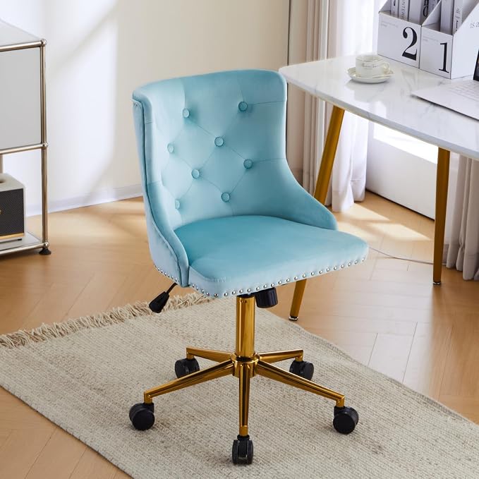 VINGLI Light Blue Armless Home Office Desk Chair with Gold Base/Wheels, Small Cute Vanity/Makeup Chair with Back for Bedroom, Upholstered Adjustable Rolling Swivel Nail Chair for Women/Girls