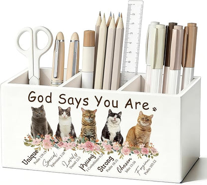 Christian Inspirational Cat Pen Pencil Holder for Desk, Christian Gifts for Women, Cat Lovers Gifts, God Says You Are Bible Verse Wooden Box Sign Decorations for Home Office Desk Tabletop