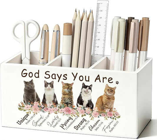 Christian Inspirational Cat Pen Pencil Holder for Desk, Christian Gifts for Women, Cat Lovers Gifts, God Says You Are Bible Verse Wooden Box Sign Decorations for Home Office Desk Tabletop