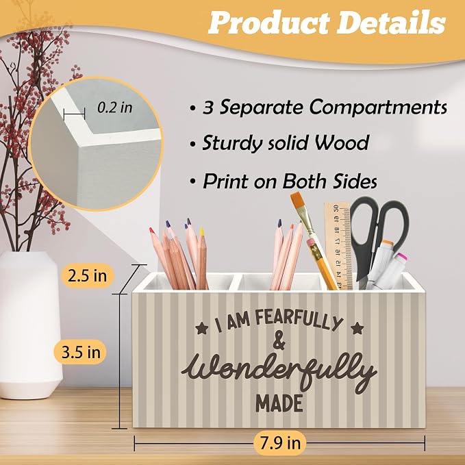 Christian Pen Holder Organizer for Desk Accessories, Christian Gifts for Women, I Am Fearfully and Wonderfully Made Bible Verse Wooden Box Sign Desk Decorations for Home Office Decor