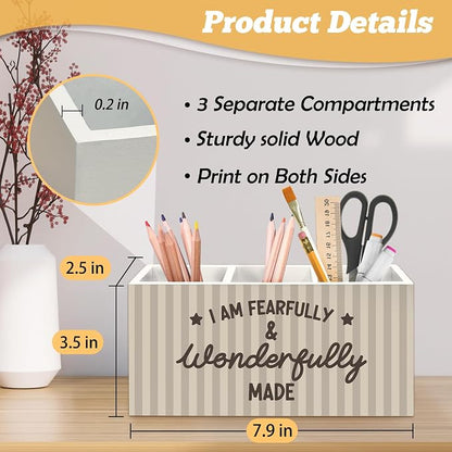 Christian Pen Holder Organizer for Desk Accessories, Christian Gifts for Women, I Am Fearfully and Wonderfully Made Bible Verse Wooden Box Sign Desk Decorations for Home Office Decor