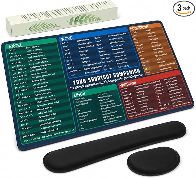 Excel Cheat Sheet Desk Pad Set, 3-Piece Office Shortcut Mouse Pad with Keyboard Wrist Rest & Mouse Wrist Rest, Excel Word PowerPoint Windows Shortcut Mat for Accountants, Students, Carbon Black