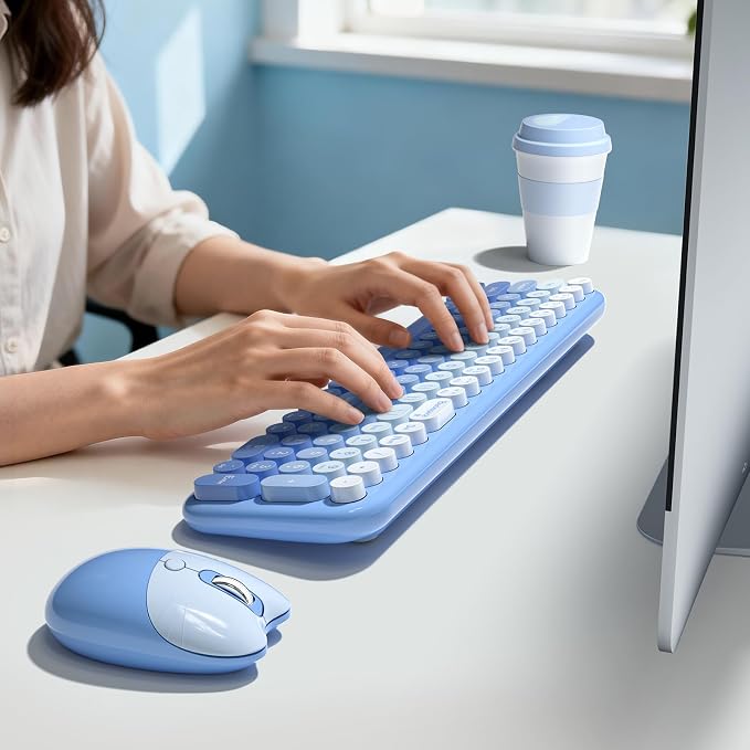 Wireless Keyboard and Mouse Combo, Meidosa 2.4GHz Colorful Full-Size Retro Typewriter Keyboard with Cat Shape 3 Level Adjustable Optical Mouse for PC/Desktop/Laptop/Windows (Blue Gradient)