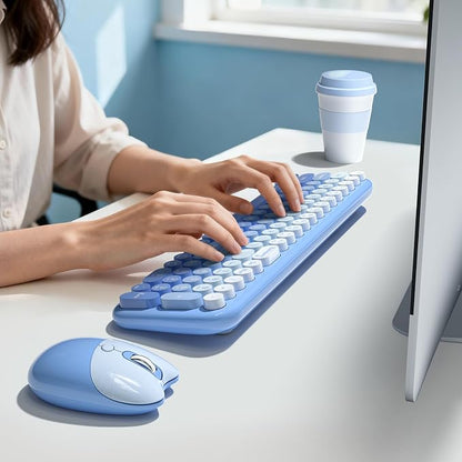 Wireless Keyboard and Mouse Combo, Meidosa 2.4GHz Colorful Full-Size Retro Typewriter Keyboard with Cat Shape 3 Level Adjustable Optical Mouse for PC/Desktop/Laptop/Windows (Blue Gradient)
