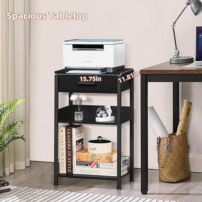 Lerliuo Pure Black Printer Table with Fabric Drawer,3 Tier Industrial Wood Printer Stand with Storage Shelf,Modern Tall End Table,Nightstand,Bed Side Tables for Scanner Fax Home Office Small Spaces