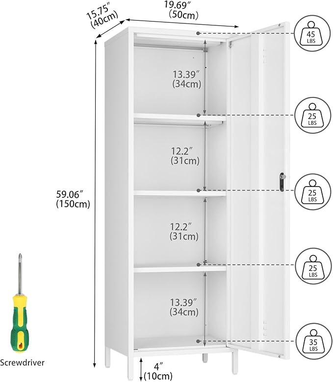 Steehoom Metal Locker Cabinet with Lock, Lockable Steel File Locker with Door and 3 Adjustable Narrow Storage Cabinet Shelves for Living Room, School, Pantry, Garage, Office (White, H59.06'')