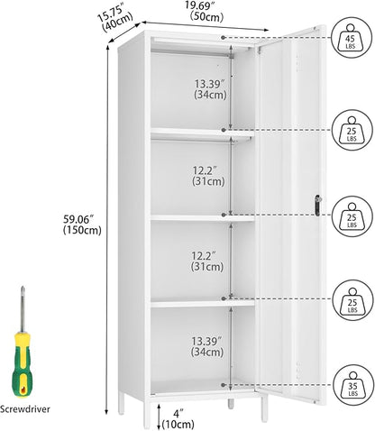 Steehoom Metal Locker Cabinet with Lock, Lockable Steel File Locker with Door and 3 Adjustable Narrow Storage Cabinet Shelves for Living Room, School, Pantry, Garage, Office (White, H59.06'')
