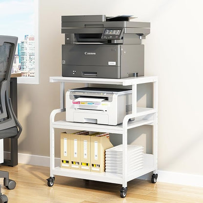 White Printer Table Stand with Storage, 23.6''x18.9'' Large Printer Table for Home Office, 3 Tier Rolling Printer Cart with Wheels, Stand for 3D Laser Inkjet Printer, Fax