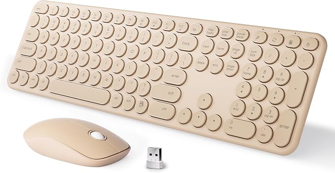 MPTOG Wireless Keyboard and Mouse Combo, Retro Round Typewriter Keys, 2.4G Silent Connection with Number Pad, Ergonomic Aesthetic Desk Set for Home Office, Laptop, PC, Mac (Milk-Tea)