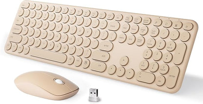 MPTOG Wireless Keyboard and Mouse Combo, Retro Round Typewriter Keys, 2.4G Silent Connection with Number Pad, Ergonomic Aesthetic Desk Set for Home Office, Laptop, PC, Mac (Milk-Tea)