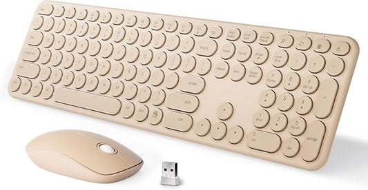 MPTOG Wireless Keyboard and Mouse Combo, Retro Round Typewriter Keys, 2.4G Silent Connection with Number Pad, Ergonomic Aesthetic Desk Set for Home Office, Laptop, PC, Mac (Milk-Tea)
