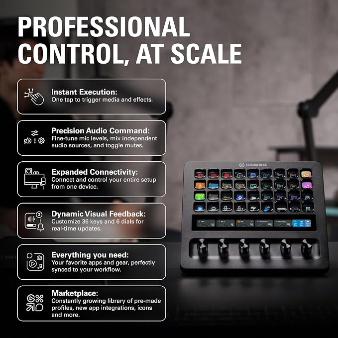 Elgato Stream Deck + XL Control Platform, Dials, Touch Strip | 36 customizable macro keys, Six multifunction dials, Touch strip display, Hundreds of integrations, USB-C for PC and Mac