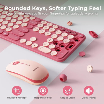 seenda Wireless Bluetooth Keyboard Mouse Combo, COE202 Retro Cute Round Keyboard, Silent Mouse, 3 Multi-Device Connection, Full Size Compatible for PC/Laptop/Mac/MacBook/iPad/Tablet, Pink