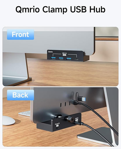 USB Hub 3.0, 5Gbps Clamp USB Hub for Desk/Monitors with Extra Power Supply Port, 3 USB-A Data Ports, USB-C Data Port for iMac Pro/iMac (Black)