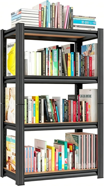 24"W Steel and Wood Book Shelf, 4 Tier Metal Bookcase, 1200LBS Display Shelving, Adjustable Utility Shelf Organizere, Standing Storage Shelves for Study, Bedroom, Living Room and Home Office, Black