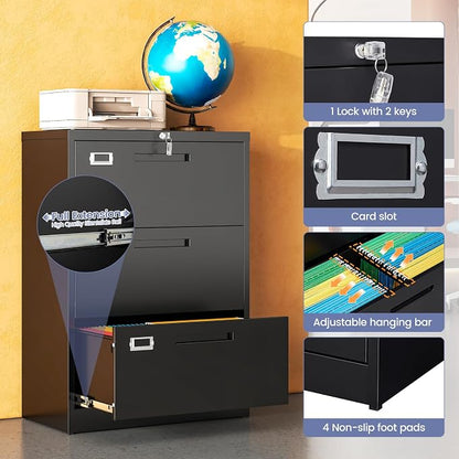 Metal Lateral 3 Drawer File Cabinet, Wide Filing Cabinet with Lock for Home Office Organization Hanging Files Letter/Legal/F4/A4 Size (Black, Assembly Required)