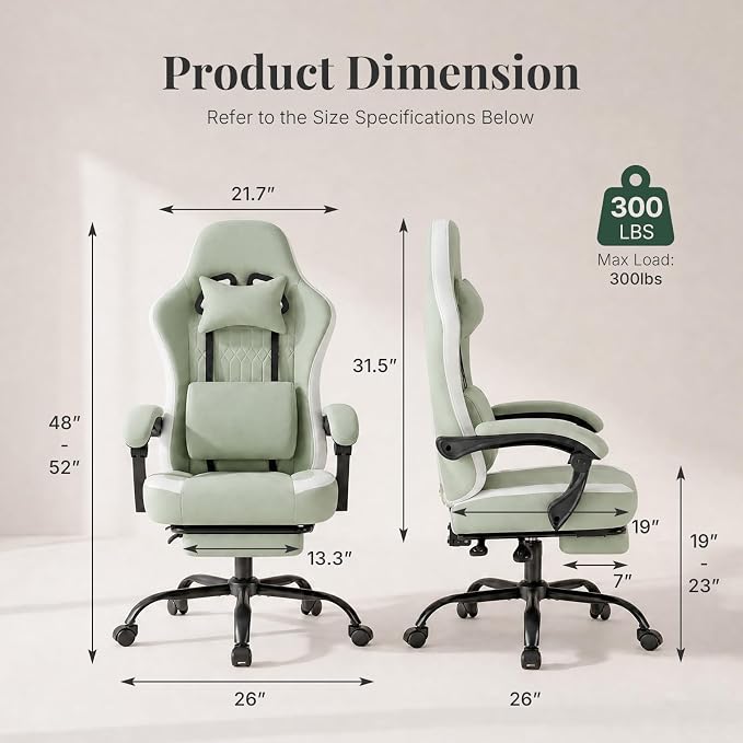 Computer Gaming Chair - High Back Ergonomic Desk Chair with Footrest and Lumbar Support, Height Adjustable Task Chair with Linkage Armrests and Headrest, 360° Swivel Wheels, Green