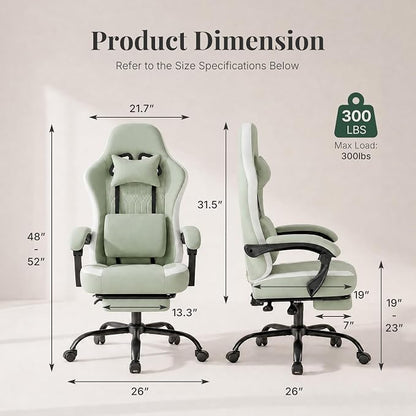 Computer Gaming Chair - High Back Ergonomic Desk Chair with Footrest and Lumbar Support, Height Adjustable Task Chair with Linkage Armrests and Headrest, 360° Swivel Wheels, Green