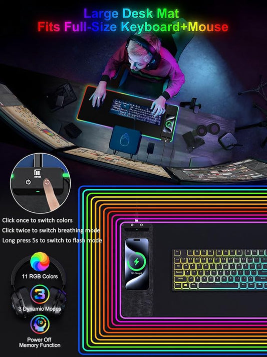 RGB Gaming Mouse Pad with Fast Wireless Charger, LED Extended Desk Mat, Home Office Large Desk Pad with Ultra-Smooth Surface, Non-Slip Base, Waterproof Keyboard Pad (Black)