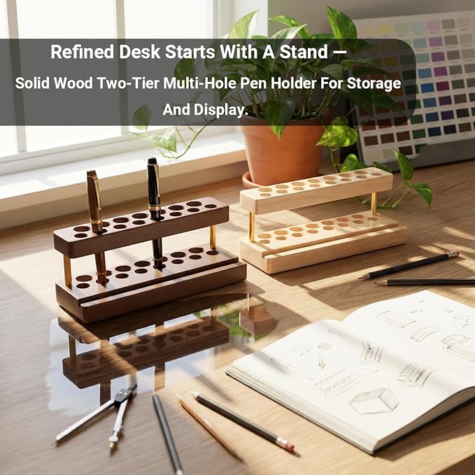 Pencil & Pen organizer for Desk,Wooden pen holder with Phone Stand for Office & Home,Solid Walnut Pencil Display Stand (Double-row - Walnut)