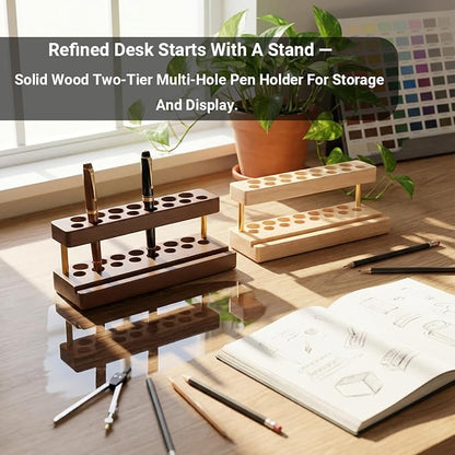 Pencil & Pen organizer for Desk,Wooden pen holder with Phone Stand for Office & Home,Solid Walnut Pencil Display Stand (Double-row - Walnut)