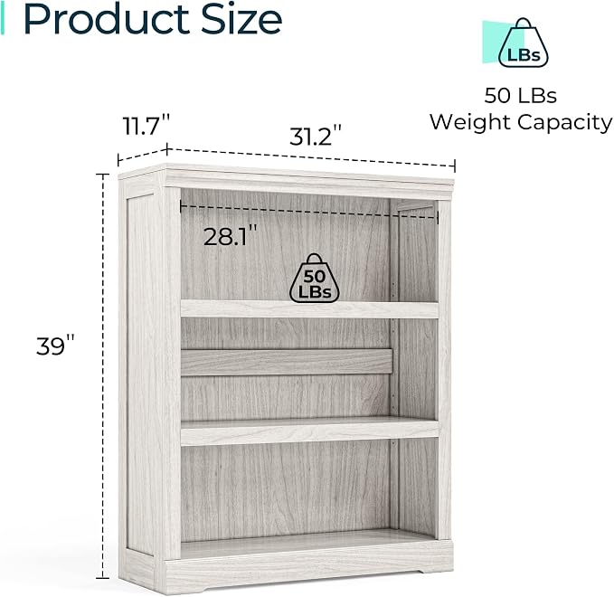 LINSY HOME 3-Tier Bookcase, Small Bookshelf Wood Display Storage Shelves Farmhouse Bookshelf for Home Office, Living Room, Bed Room - White Oak