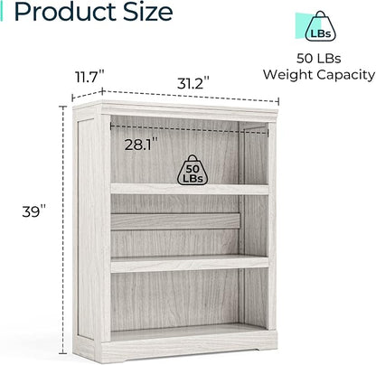 LINSY HOME 3-Tier Bookcase, Small Bookshelf Wood Display Storage Shelves Farmhouse Bookshelf for Home Office, Living Room, Bed Room - White Oak