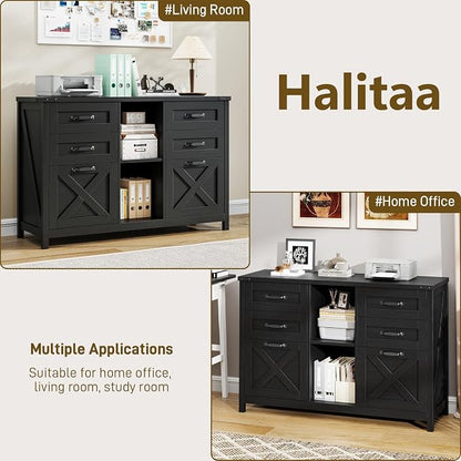 Lateral File Cabinet with 6 Drawers, Farmhouse Filing Cabinet for Letter/A4 Size, Wood File Storage Cabinets Printer Stand with Open Storage Adjustable Shelf for Home Office Cabinets, Rustic Black