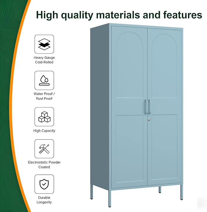 67" Metal Wardrobe Cabinet with Lock,Multi-Functional Locker with Adjustable Shelves and Hanging Rod,2 Door Storage Cabinet for Home, Bedroom,Cloak Room, Office Blue