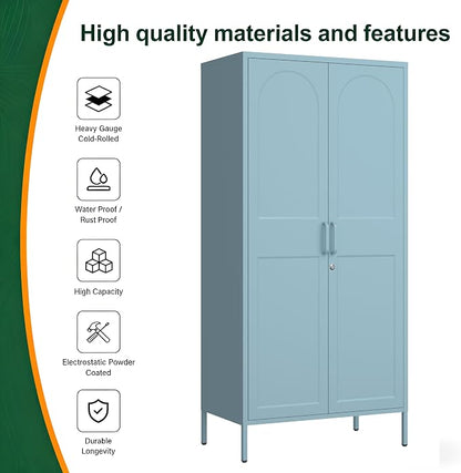 67" Metal Wardrobe Cabinet with Lock,Multi-Functional Locker with Adjustable Shelves and Hanging Rod,2 Door Storage Cabinet for Home, Bedroom,Cloak Room, Office Blue