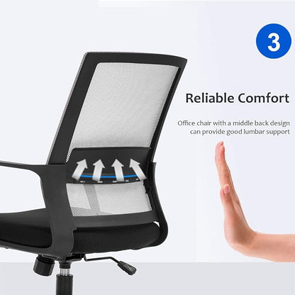 Office Chair Ergonomic Desk Task Chair Mesh Computer Chair Mid-Back Mesh Home Office Swivel Chair Modern Executive Chair with Wheels Armrests Lumbar Support (Grey)