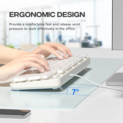 MOWUX Computer Keyboard Wired, Plug and Play USB Retro Round Typewriter Keyboard, Full Size Wired Keyboard with Foldable Stands for Laptop and Office PC- White