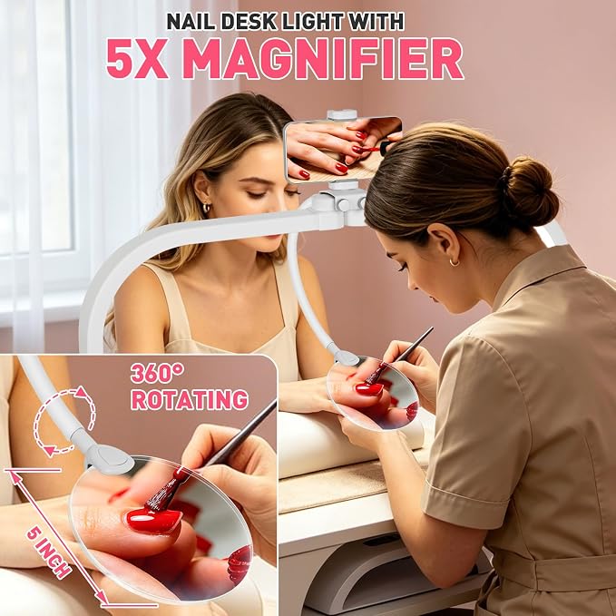 HITTI Half Moon Light for Nail Desk with 5X Magnifier, 30" Foldable LED Arch Tech Lamp with Phone Holder for Manicure, Handicraft, Art, Eyelash Extension - 3 Color Modes & 10 Brightness, Home & Salon