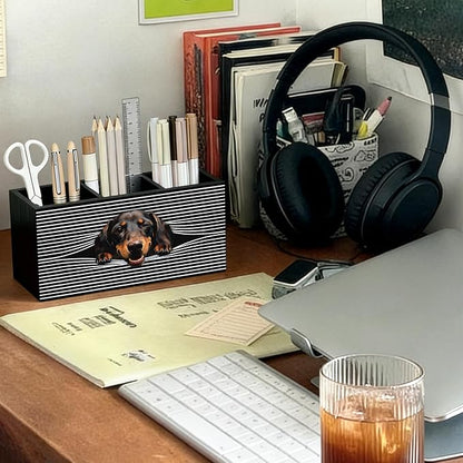 Funny Dachshund Pen Pencil Holder for Desk, Dachshund Gifts for Women Men, Weiner Dog Gifts, Dog Office Decor Wooden Box Sign Decorations for Home Office Bedroom Desk Tabletop