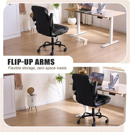 Leather Executive Office Chair - Ergonomic Computer Chair with Flip-up Arms Comfy PU Leather Home Desk Chairs Mid Back Support Adjustable Height Tilt Lock Swivel Rolling Wheels, Black