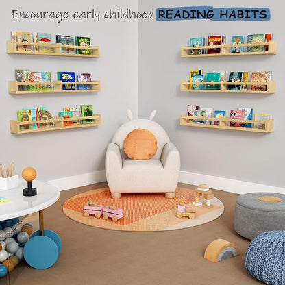 Harwaya Floating Nursery Book Shelves for Wall, 32 Inch Long Bookshelf for Kids Room, Wooden Large Wall Shelf with Hanging Rod for Baby Toddler Child Bedroom (3-Pack, Natural Wood)