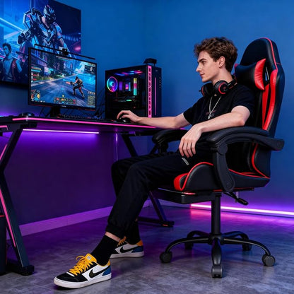 OS MOTOR Gaming Chair with Headrest and Lumbar Support, Ergonomic High Back Office Chair, Racing Style Executive Computer Desk Chair, Leather Adjustable Swivel Task Chair for Home Office (Red Black)