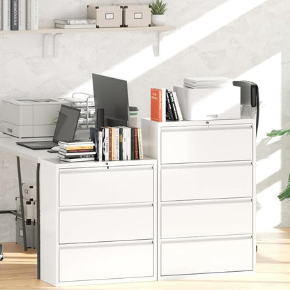 Greenvelly 4 Drawer File Cabinet, Lateral Filing Cabinet for Home Office, White Metal File Cabinet with Lock, Lockable Lateral File Cabinet with Hanging Files&Key for Letter/Legal/F4/A4 (36" W)