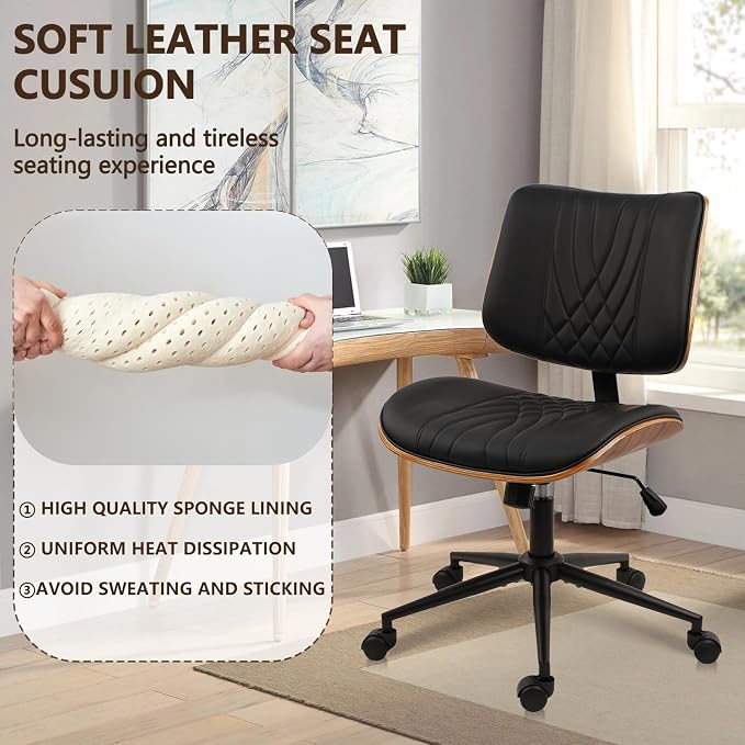 CLATINA Armless Home Office Chair, Desk Chair with Wheels, Adjustable Height Reading Chair, Leather Mid Back & Swivel Computer Chair, Modern Walnut Chairs with Back for Study Meeting Room(Black) 2Pack