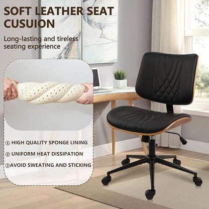 CLATINA Armless Home Office Chair, Desk Chair with Wheels, Adjustable Height Reading Chair, Leather Mid Back & Swivel Computer Chair, Modern Walnut Chairs with Back for Study Meeting Room(Black) 2Pack