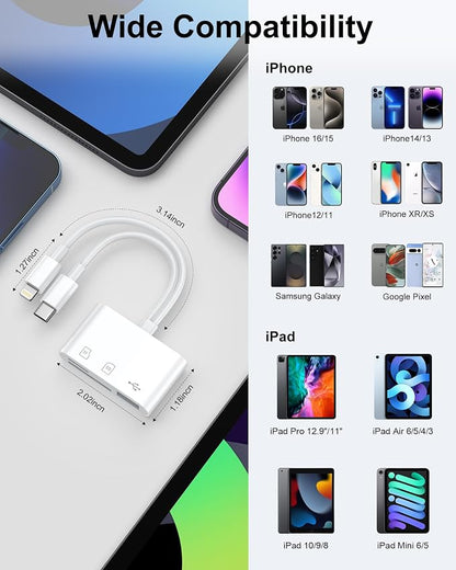 SD Card Reader for iPhone, iPad, Samsung, Memory SD Card Reader USB C&Lightning Dual Port Micro SD Card Reader with USB Camera Adapter Plug and Play Trail Game Camera Card Viewer Supports SD/TF Card