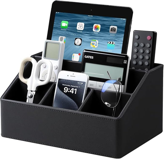 Desk Organizer Caddy with 5 Compartments for Office Art Supplies, PU Leather Nightstand Organizer Pencil Pen Desk Caddy for Home, Desktop TV Remote Control Holder Storage (Black)