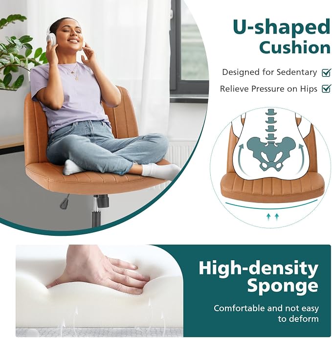 OLIXIS Criss Cross Chair with Wheels Wide Cross Legged Office Desk Vanity Chair Comfy Fabric Armless Adjustable Swivel for Home Computer Task PU Brown