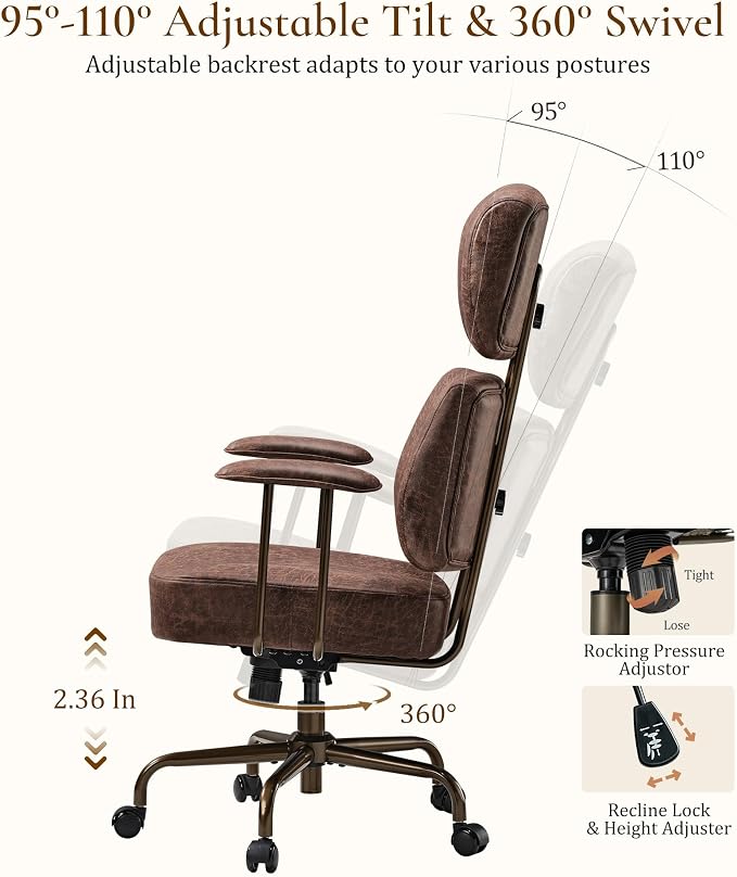 EUREKA ERGONOMIC Home Office Desk Chairs, Ergonomic Computer Chair with High Back, Executive Office Chair with Lumbar Support, Spring Cushion Seat, Mid-Century Modern, Brown