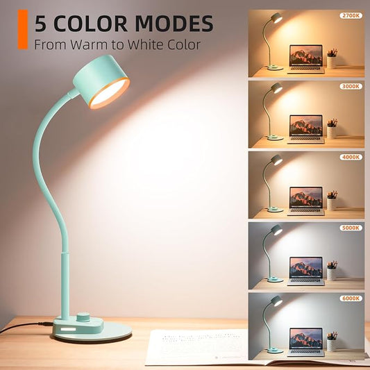 LiFMIRA Desk Lamp, Fully Dimmable Bedside Reading Lamp with USB C + A Charging Ports, 5 Colors, Simple to Operate, Eye Care Metal Table Lamp Efficient Desk Lamps for Home Office College Dorm Room
